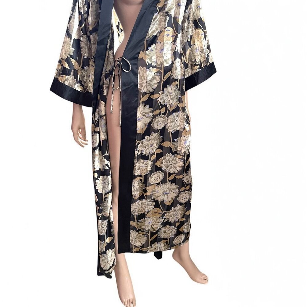 Vintage Judith Hart Black Floral Semi Sheer Maxi Long Robe Kimono Sleeve - Picture 5 of 12